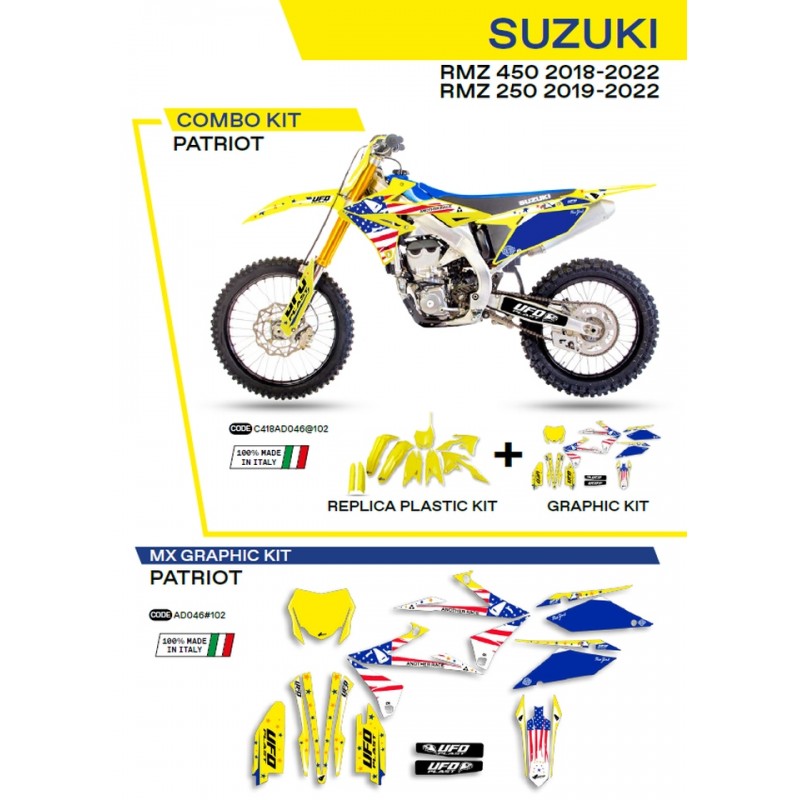 UFO 2022/06 KOMPLET PLASTIKÓW PLUS KOMPLET NAKLEJEK (OKLEIN) SUZUKI RMZ 250 '19-'22 PATRIOT KOLOR ŻÓŁTY