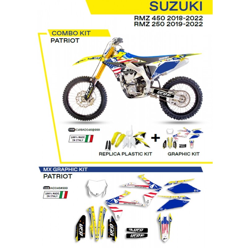 UFO 2022/06 KOMPLET PLASTIKÓW PLUS KOMPLET NAKLEJEK (OKLEIN) SUZUKI RMZ 250 '19-'22 PATRIOT KOLOR OEM (ŻÓŁTY/ BIAŁY/ CZARNY)