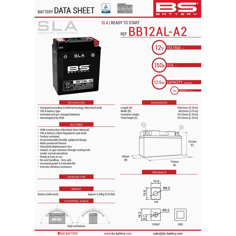 BS AKUMULATOR BB12AL-A2 (YB12AL-A2) 12V 12AH 135X81X161 OBSŁUGOWY - ELEKTROLIT OSOBNO (165A) (4) UE2019/1148