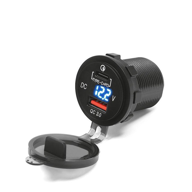 BIKETEC MOTOCYKLOWE PODWÓJNE GNIAZDO USB QUICK CHARGE USB TYP-C Z PODŚWIETLENIEM I WOLTOMIERZEM MONTAŻ W OWIEWKĘ