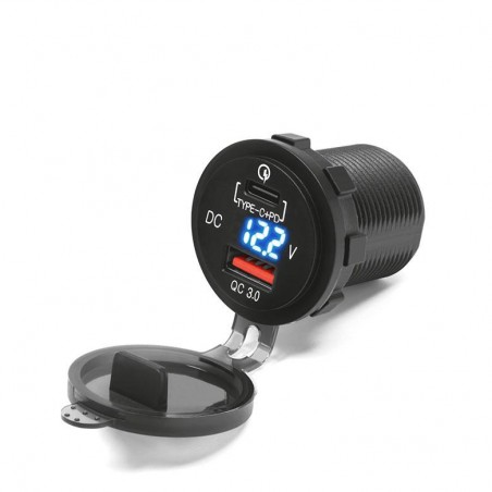 BIKETEC MOTOCYKLOWE PODWÓJNE GNIAZDO USB QUICK CHARGE USB TYP-C Z PODŚWIETLENIEM I WOLTOMIERZEM MONTAŻ W OWIEWKĘ