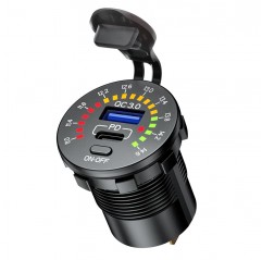 BIKETEC MOTOCYKLOWE PODWÓJNE GNIAZDO USB Typ-C + USB QC 3.0 - 40 W POWER DELIVERY Z WOLTOMIERZEM MONTAŻ NA POWIERZCHNIE PŁASKĄ (