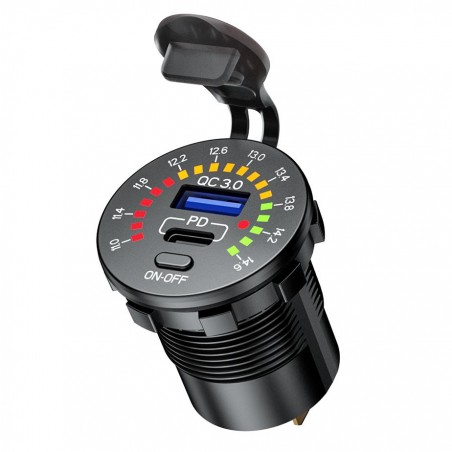 BIKETEC MOTOCYKLOWE PODWÓJNE GNIAZDO USB Typ-C + USB QC 3.0 - 40 W POWER DELIVERY Z WOLTOMIERZEM MONTAŻ NA POWIERZCHNIE PŁASKĄ (