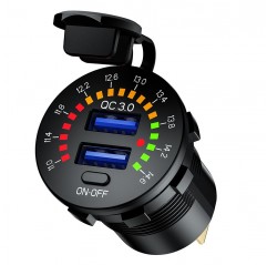 BIKETEC MOTOCYKLOWE PODWÓJNE GNIAZDO USB QC 3.0 - 36 W QUICK CHARGE Z WOLTOMIERZEM MONTAŻ NA POWIERZCHNIE PŁASKĄ (OWIEWKA, KUFER