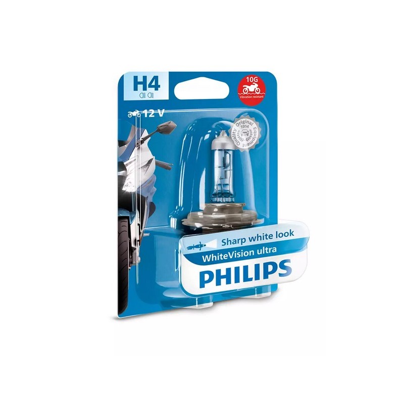 PHILIPS ŻARÓWKA MOTOCYKLOWA H4 12V 60/55 P43T WHITE VISION ULTRA MOTO (EFEKT INTENSYWNEJ BIELI - ODPORNA NA WIBRACJE - HOMOLOGAC