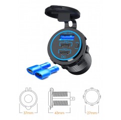 BIKETEC MOTOCYKLOWE POTRÓJNE GNIAZDO USB QC 3.0 X 1 I PD X 2 - 54 W POWER DELIVERY MONTAŻ NA POWIERZCHNIE PŁASKĄ (OWIEWKA, KUFER