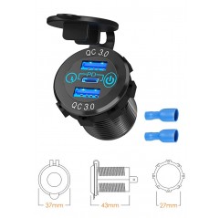 BIKETEC MOTOCYKLOWE POTRÓJNE GNIAZDO USB QC 3.0 X 2 I PD X 1 - 54 W POWER DELIVERY MONTAŻ NA POWIERZCHNIE PŁASKĄ (OWIEWKA, KUFER