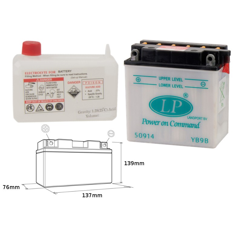 LANDPORT AKUMULATOR YB9-B 12V 9AH 137X76X140 (12N9-4B-1) OBSŁUGOWY - ELEKTROLIT OSOBNO (4) UE2019/1148