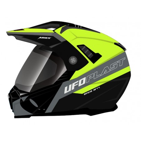 UFO 2023/07 KASK ARIES OFFROAD / DUAL / TOURER / CROSSOVER Z SZYBĄ, DASZKIEM I BLENDĄ PRZECIWSŁONECZNĄ KOLOR CZARNY/SZARY/ŻÓŁTY 