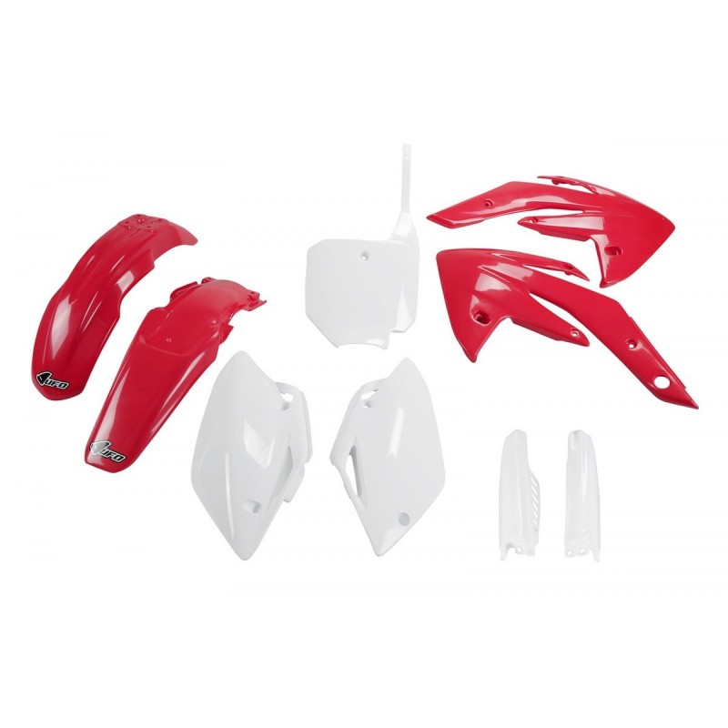 UFO KOMPLET PLASTIKÓW (FULL KIT) Z OSŁONAMI TELESKOPÓW (AMORTYZATORÓW) HONDA CRF 150 '07-'17 KOLOR OEM (CZERWONY/BIAŁY) (HO111E9