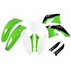 UFO KOMPLET PLASTIKÓW (FULL KIT) Z OSŁONAMI TELESKOPÓW (AMORTYZATORÓW) KAWASAKI KXF 450 '09-'11 KOLOR OEM '10-'11 (ZIELONY/BIAŁY