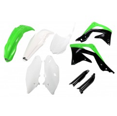 UFO KOMPLET PLASTIKÓW (FULL KIT) Z OSŁONAMI TELESKOPÓW (AMORTYZATORÓW) KAWASAKI KXF 450 '13-'15 KOLOR OEM (ZIELONY/BIAŁY/CZARNY)