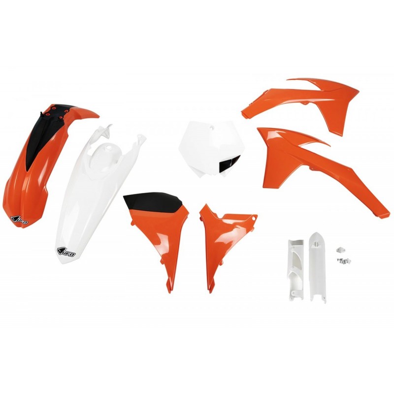 UFO KOMPLET PLASTIKÓW (FULL KIT) Z OSŁONAMI TELESKOPÓW (AMORTYZATORÓW) KTM SXF '11-'12, SX '12 KOLOR OEM (POMARAŃCZOWY/BIAŁY) (K