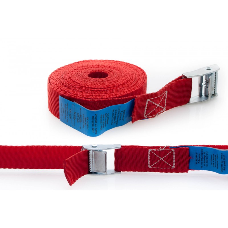 PAS TRANSPORTOWY 25MM/4MB Z KLAMRĄ SAMOZACISKOWĄ KOLOR CZERWONY (HOMOLOGACJA)