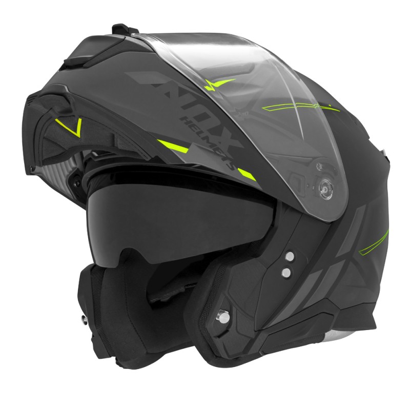 NOX FLIP-UP HELMET NOX KASK SZCZĘKOWY (FLIP-UP) Z BLENDĄ N967 SYNCHRO KOLOR CZARNY/ŻÓŁTY FLUO/SZARY MAT ROZMIAR XL