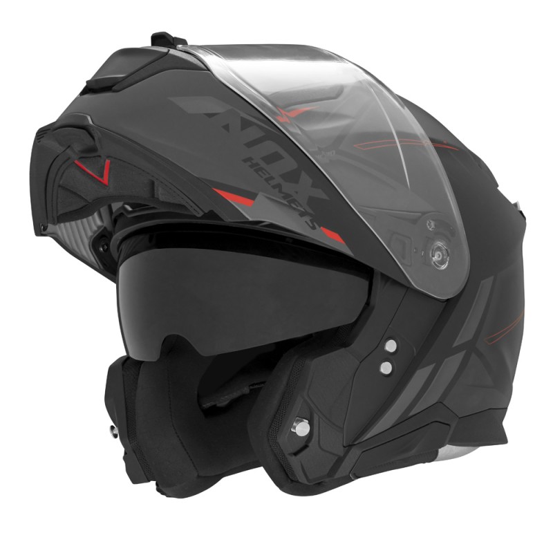 NOX FLIP-UP HELMET NOX KASK SZCZĘKOWY (FLIP-UP) Z BLENDĄ N967 SYNCHRO KOLOR CZARNY/CZERWONY/SZARY MAT ROZMIAR XL