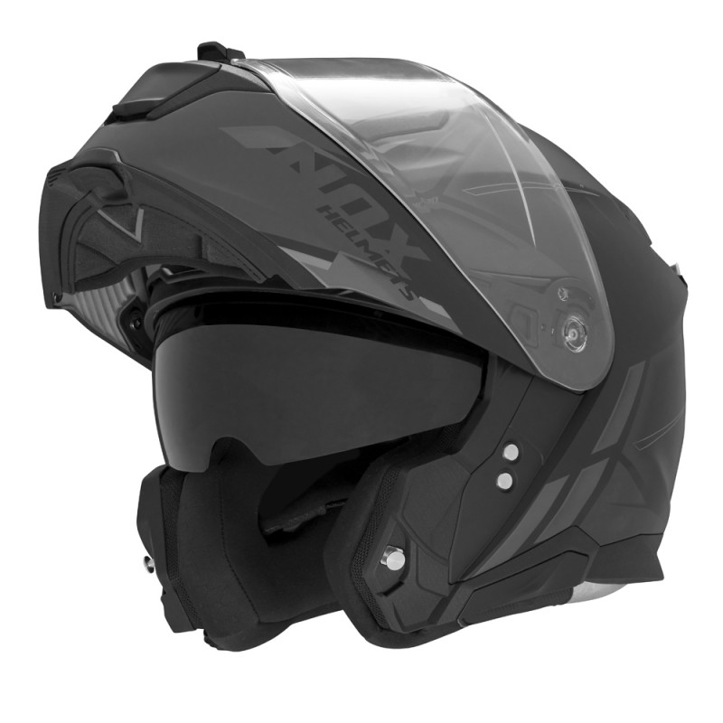 NOX FLIP-UP HELMET NOX KASK SZCZĘKOWY (FLIP-UP) Z BLENDĄ N967 SYNCHRO KOLOR CZARNY/TYTANOWY MAT ROZMIAR M