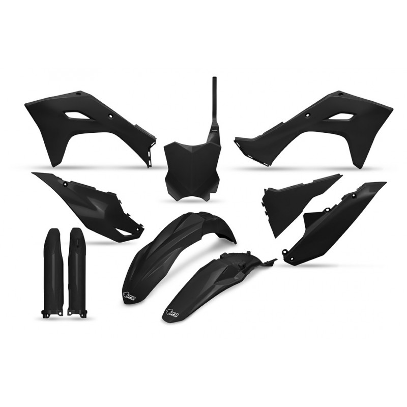 UFO KOMPLET PLASTIKÓW (FULL KIT) Z OSŁONAMI TELESKOPÓW (AMORTYZATORÓW) KAWASAKI KXF 450 '24, KOLOR CZARNY