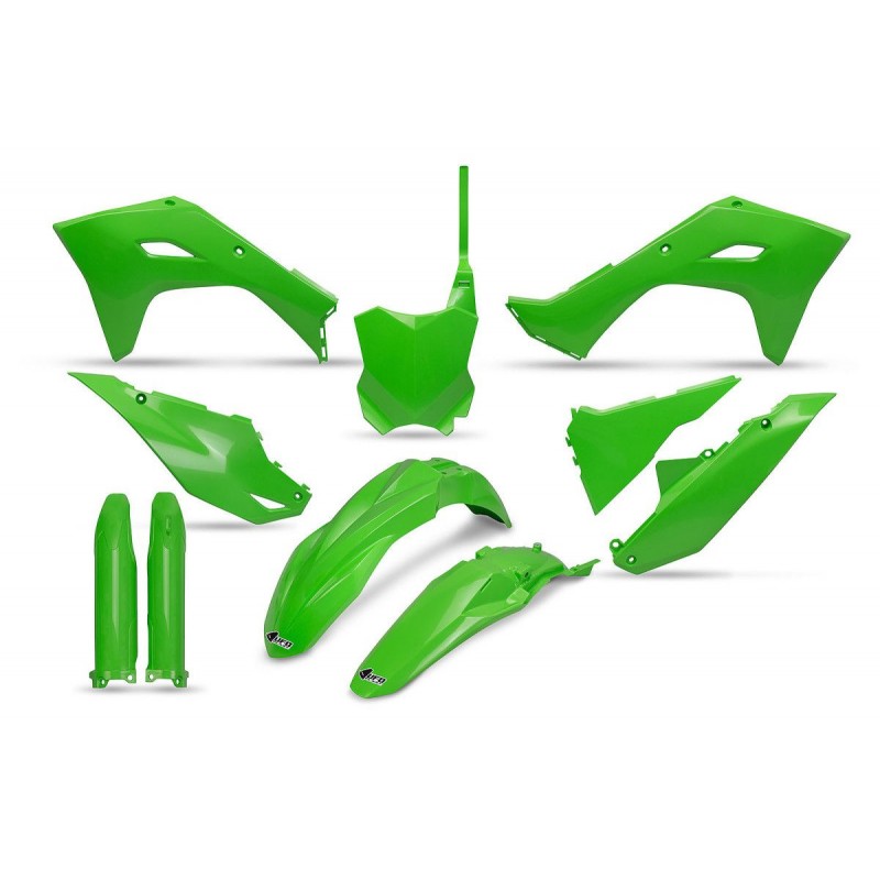 UFO KOMPLET PLASTIKÓW (FULL KIT) Z OSŁONAMI TELESKOPÓW (AMORTYZATORÓW) KAWASAKI KXF 450 '24, KOLOR OEM ZIELONY