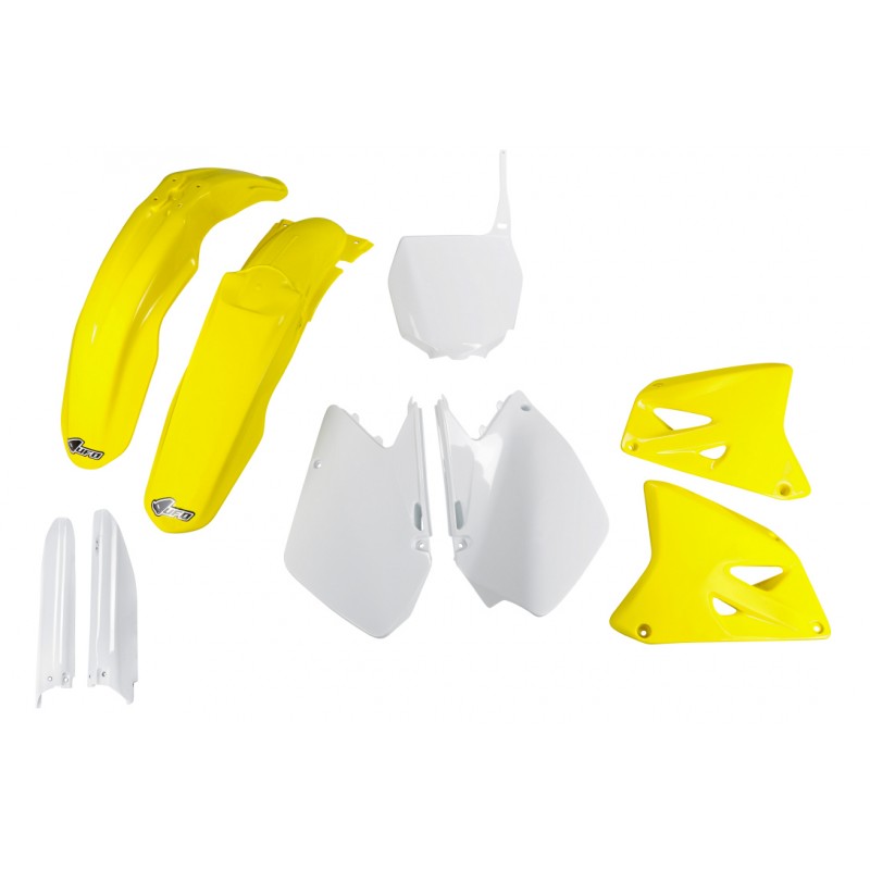 UFO 2024/11 KOMPLET PLASTIKÓW (FULL KIT) Z OSŁONAMI TELESKOPÓW (AMORTYZATORÓW) SUZUKI RM 125 / 250 '06-'24 KOLOR OEM ( BIAŁY / Ż