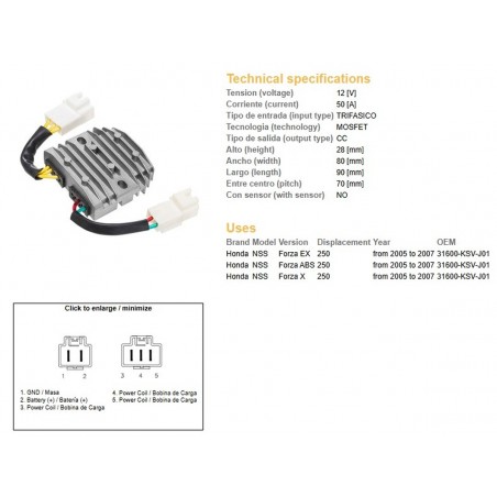 DZE REGULATOR NAPIĘCIA HONDA NSS 250 FORZA '05-'07 (OEM 31600-KSV-J01) MOSFET (50A)