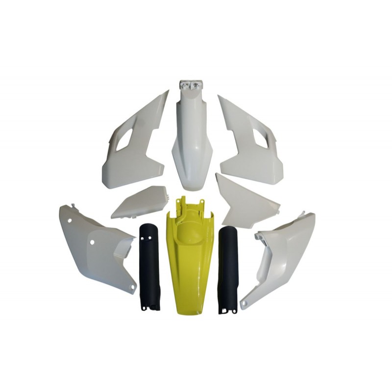 POLISPORT KOMPLET PLASTIKÓW (FULL KIT) HUSQVARNA TE/FE TPI '24-'25 W ZESTAWIE OSŁONY AMORTYZATORÓW KOLOR OEM BIAŁY ŻÓŁTY NIEBIES