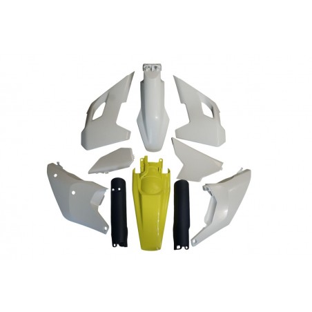 POLISPORT KOMPLET PLASTIKÓW (FULL KIT) HUSQVARNA TE/FE TPI '24-'25 W ZESTAWIE OSŁONY AMORTYZATORÓW KOLOR OEM BIAŁY ŻÓŁTY NIEBIES