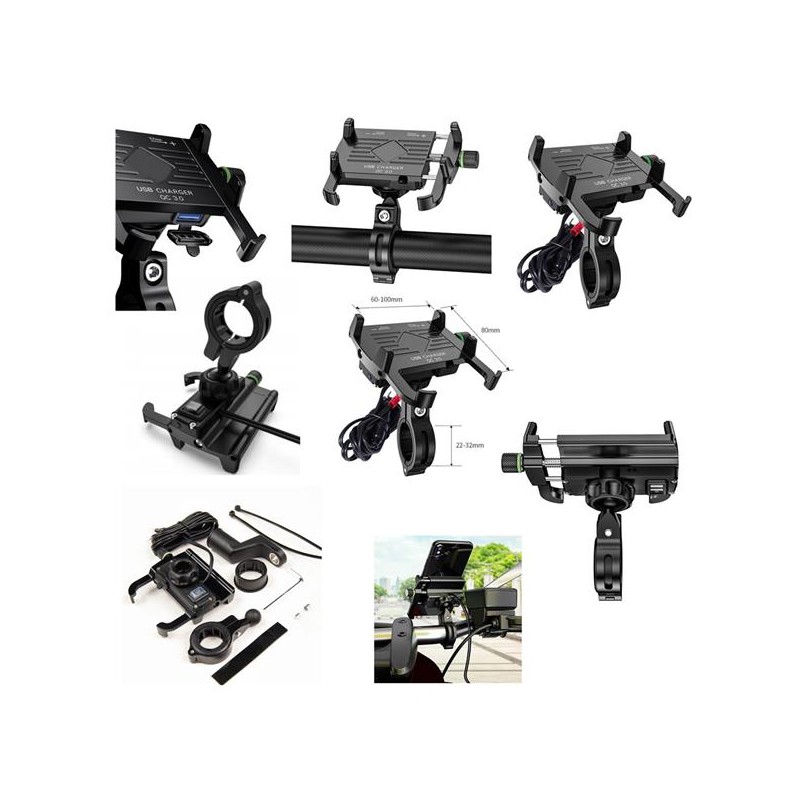 BIKETEC UCHWYT MOTOCYKLOWY Z ŁADOWARKĄ USB 3.0 NA TELEFON MONTOWANY NA KIEROWNICĘ LUB LUSTERKO TYP: R10-METAL USB QC