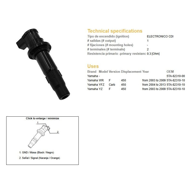DZE CEWKA ZAPŁONOWA YAMAHA YFZ 450R '04-'13 WR 450F '03-'09 YZ 450F '03-'09 (OEM 5TA-82310-00)
