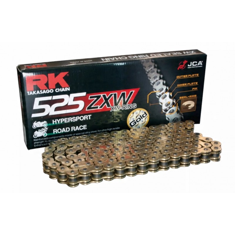 RK ŁAŃCUCH NAPĘDOWY 525ZXW-112 (XW-RING) ZAKUWKA (CLF) W ZESTAWIE KOLOR ZŁOTY (POJEMNOŚĆ: DO 1300 CCM) (46,4 KN)