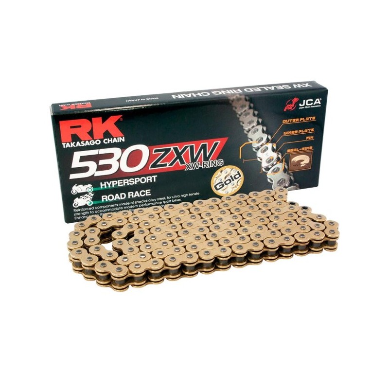 RK ŁAŃCUCH NAPĘDOWY GB530ZXW-122 (XW-RING) ZAKUWKA (CLF) W ZESTAWIE KOLOR ZŁOTY (POJEMNOŚĆ: DO 1400 CCM) (44 KN)