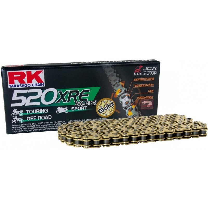 RK ŁAŃCUCH NAPĘDOWY GB520XRE-128 (XW-RING) ZAKUWKA (CLF) W ZESTAWIE KOLOR ZŁOTY (POJEMNOŚĆ: DO 800 CCM) (36,5 KN)