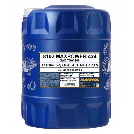MANNOL MAXPOWER 4X4 75W140 API GL5 - OLEJ PRZEKŁADNIOWY SYNTETYCZNY 20L (75W-140)