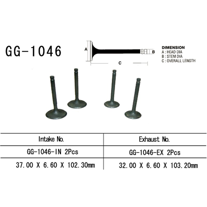 Vesrah x, sací ventil, Honda XR 650R '00-'07, TRX 700XX '08-'09 (2ks na motor) (37,0X6,60X102,3 mm) (OEM: 14711-MBN-670) (1ks.)