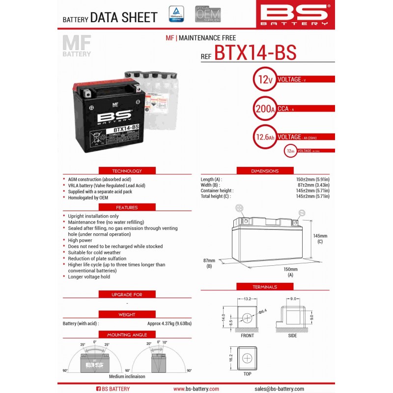 BS AKUMULATOR BTX14-BS (YTX14-BS) 12V 12AH 150X87X145 BEZOBSŁUGOWY - ELEKTROLIT OSOBNO (200A) (4) UE2019/1148