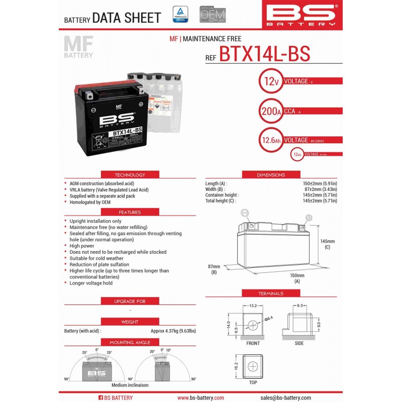 BS AKUMULATOR BTX14L-BS (YTX14L-BS) 150X87X145 BEZOBSŁUGOWY- ELEKTROLIT OSOBNO (4) UE2019/1148