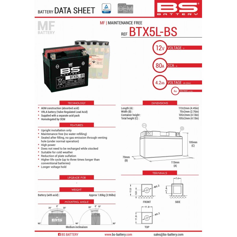 BS AKUMULATOR BTX5L-BS (YTX5L-BS) 12V 4AH 114X71X106 BEZOBSŁUGOWY - ELEKTROLIT OSOBNO (70A) (8) UE2019/1148