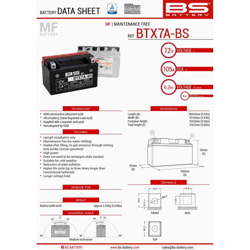 BS AKUMULATOR BTX7A-BS (YTX7A-BS) 12V 6AH 152X88X94 BEZOBSŁUGOWY - ELEKTROLIT OSOBNO (90A) (6) UE2019/1148