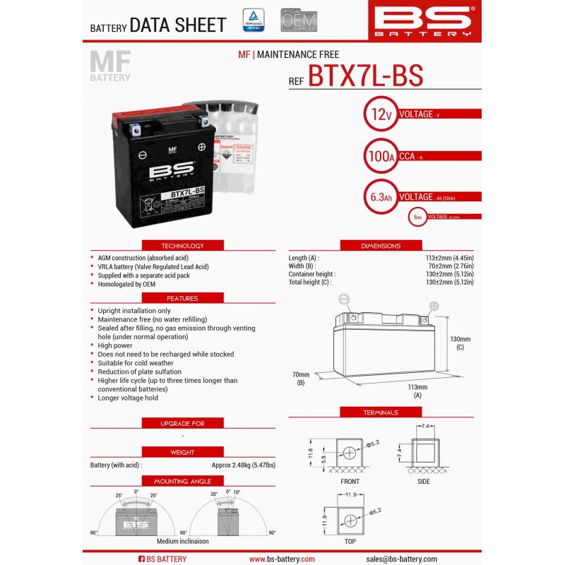 BS AKUMULATOR BTX7L-BS (YTX7L-BS) 12V 6AH 144X71X131 BEZOBSŁUGOWY - ELEKTROLIT OSOBNO (85A) (6) UE2019/1148