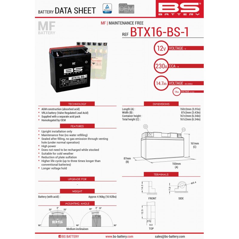 BS AKUMULATOR BTX16-BS1 (YTX16-BS-1) 12V 14AH 152X88X161 BEZOBSŁUGOWY - ELEKTROLIT OSOBNO (230A) (4) UE2019/1148