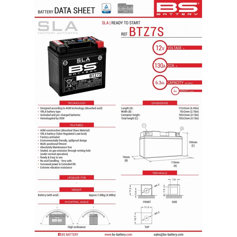 BS AKUMULATOR BTZ7S (FA) (YTZ7S) 12V 6AH 112X69X103 BEZOBSŁUGOWY - ZALANY (130A) (8)