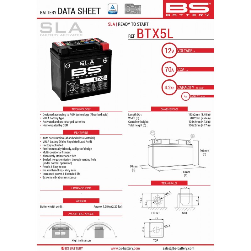 BS AKUMULATOR BTX5L (FA) (YTX5L-BS) 12V 4AH 114X71X106 BEZOBSŁUGOWY - ZALANY (70A) (8)