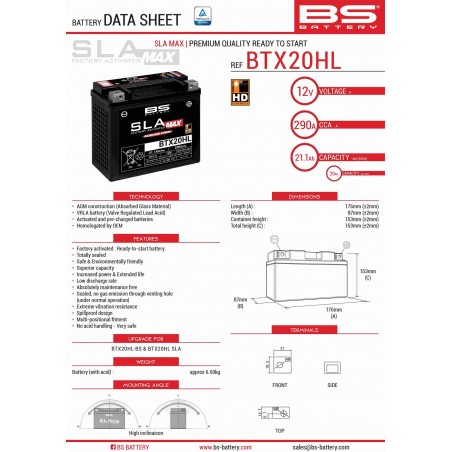 BS AKUMULATOR BTX20HL MAX (FA) (YTX20L-BS) 12V 20AH 176X87X153 BEZOBSŁUGOWY - ZALANY (ZWIĘKSZONY PRĄD ROZRUCHOWY) (290A) - ZASTĘ