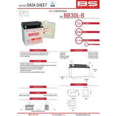 BS AKUMULATOR BB30L-B (YB30L-B) 12V 30AH 168X132X176 Z ELEKTROLITEM OSOBNO - KONWENCJONALNY (300A) HARLEY DAVIDSON, POLARIS 600/