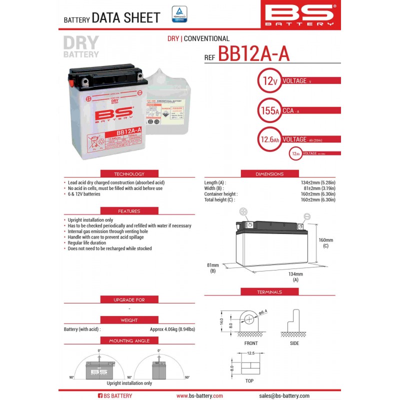 BS AKUMULATOR BB12A-A (YB12A-A) 12V 12AH 134X81X160 Z ELEKTROLITEM OSOBNO - KONWENCJONALNY (155A) (4) UE2019/1148