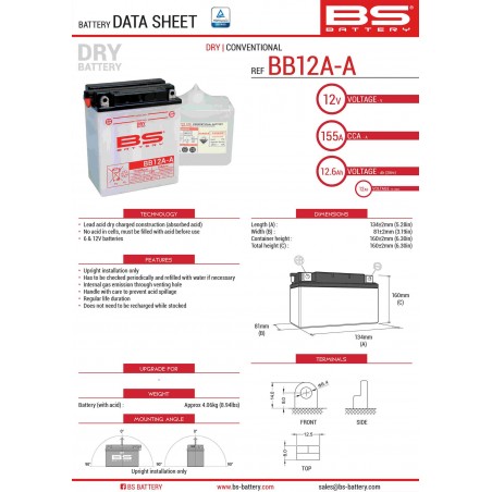 BS AKUMULATOR BB12A-A (YB12A-A) 12V 12AH 134X81X160 Z ELEKTROLITEM OSOBNO - KONWENCJONALNY (155A) (4) UE2019/1148