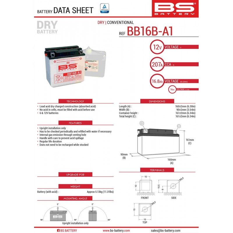 BS AKUMULATOR BB16B-A1 (YB16B-A1) 12V 16AH 160X90X161 Z ELEKTROLITEM OSOBNO - KONWENCJONALNY (215A) (4) UE2019/1148