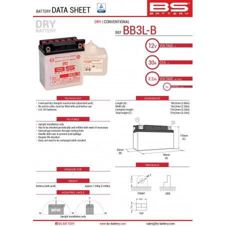 BS AKUMULATOR BB3L-B (YB3L-B) 98X56X110 Z ELEKTROLITEM OSOBNO - KONWENCJONALNY (30A) (12) UE2019/1148