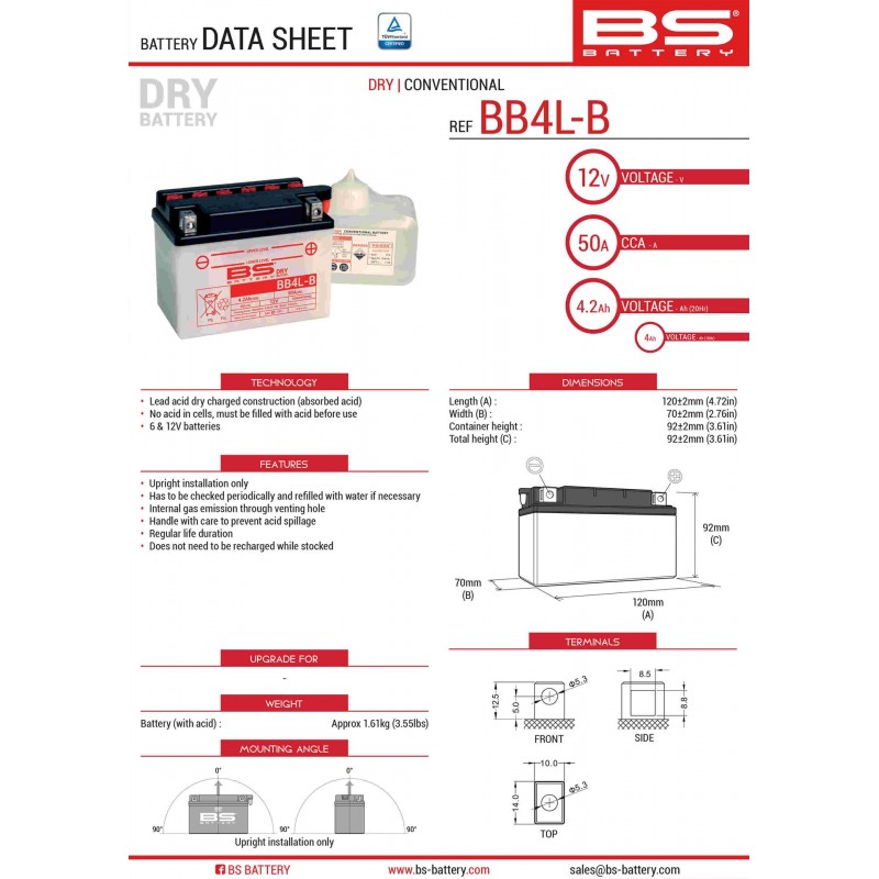 BS AKUMULATOR BB4L-B (YB4L-B) 12V 4AH 121X71X93 Z ELEKTROLITEM OSOBNO - KONWENCJONALNY (56A) (8) UE2019/1148