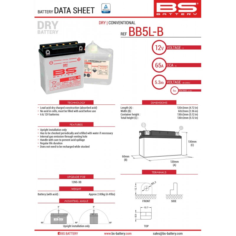 BS AKUMULATOR BB5L-B (YB5L-B) (12N5-3B) 12V 5AH 120X60X130 Z ELEKTROLITEM OSOBNO - KONWENCJONALNY (65A) (6) UE2019/1148